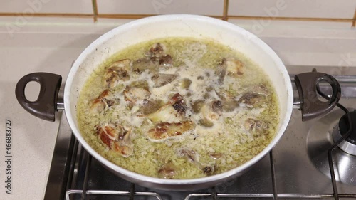 Conejo al ajillo is a traditional spanish recipe with rabbit. Perspective view