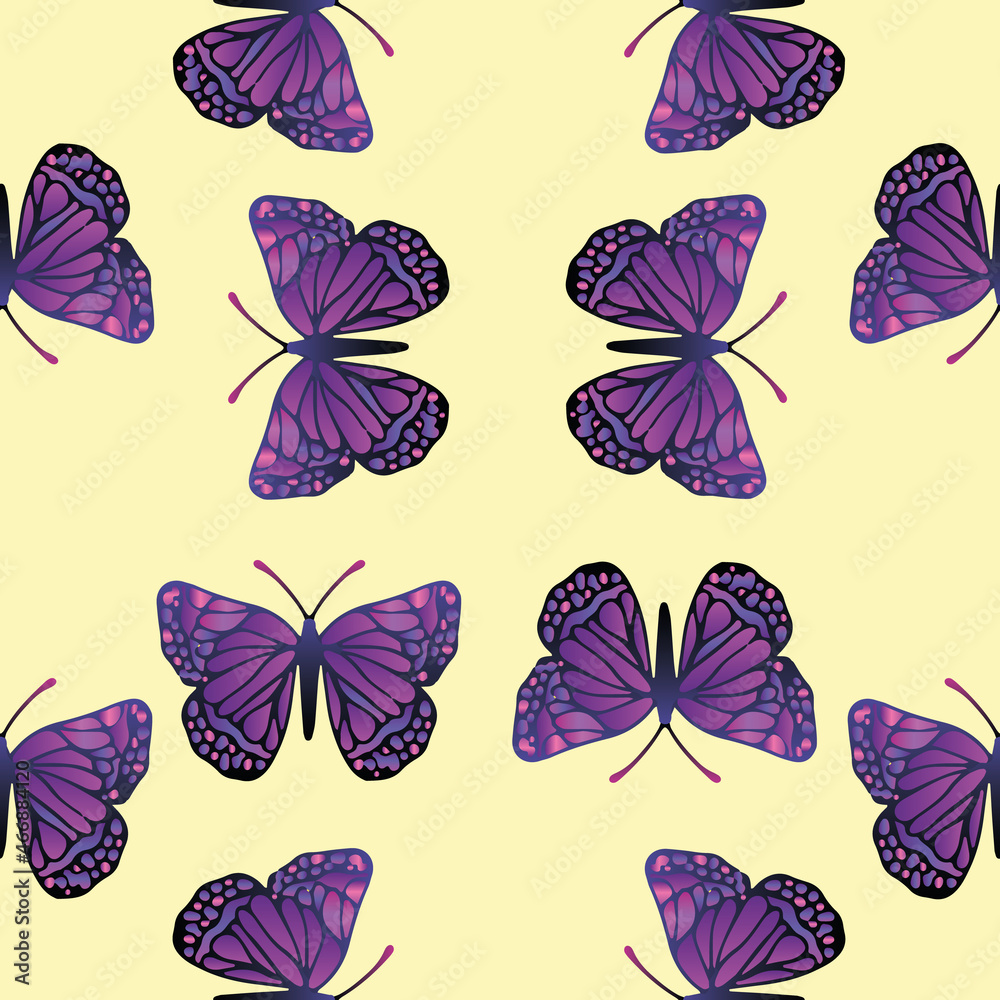Seamless flying butterfly patter. Purple and violet butterflys textured wallpaper.