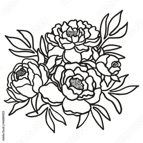 Black and white outline vector drawing of a bouquet of peonies. Simple flat clipart for coloring pages