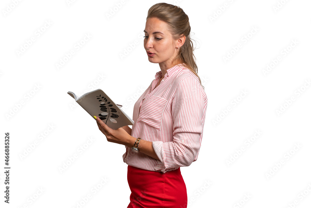 Young girl teacher with a notebook in her hands. Tells students a lecture and will take their exam. White background. Place for text Young girl teacher with a notebook in her hands. Tells students a lecture and will take their exam. White background. Place for text
