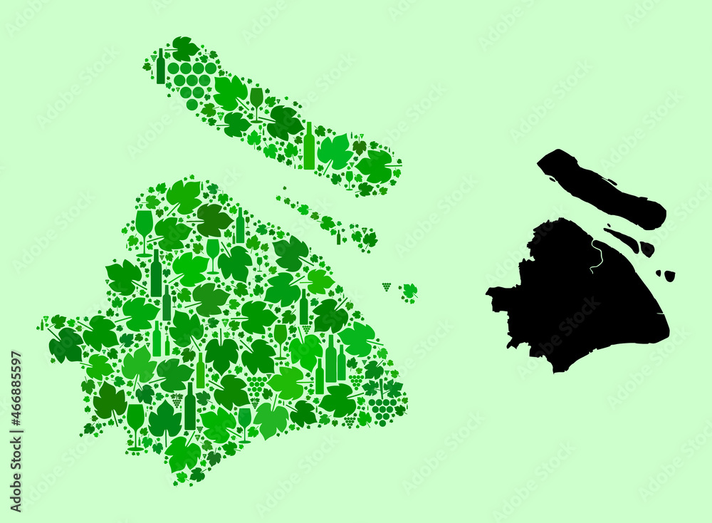 Vector Map of Shanghai Municipality. Mosaic of green grape leaves, wine bottles. Map of Shanghai Municipality collage designed from bottles, grapes, green leaves.