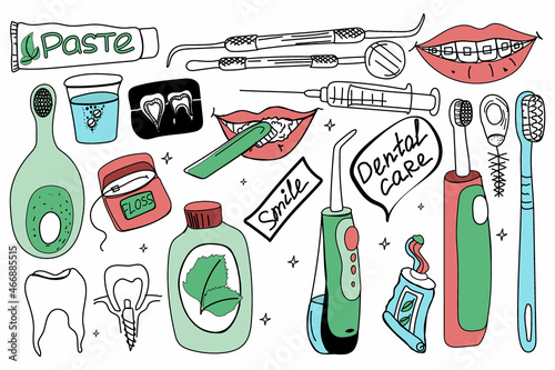 Dental Care Kit. Doodle style vector. Toothbrushes, brushes, dental floss, and cleansing tablets for teeth. Teeth irrigator. Smile with braces and lips with a toothbrush. Toothpaste and mouthwash.
