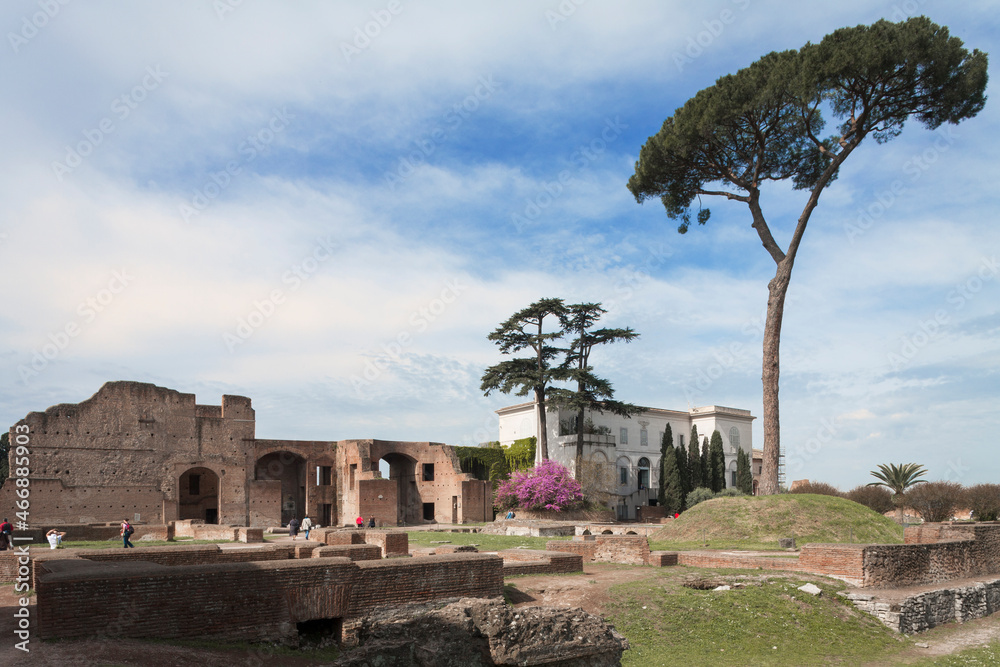 Roma. Il Palatino è uno dei sette colli di Roma, situato tra il Velabro e il Foro Romano, ed è una delle parti più antiche della città. Il sito è ora un grande museo all'aperto 
