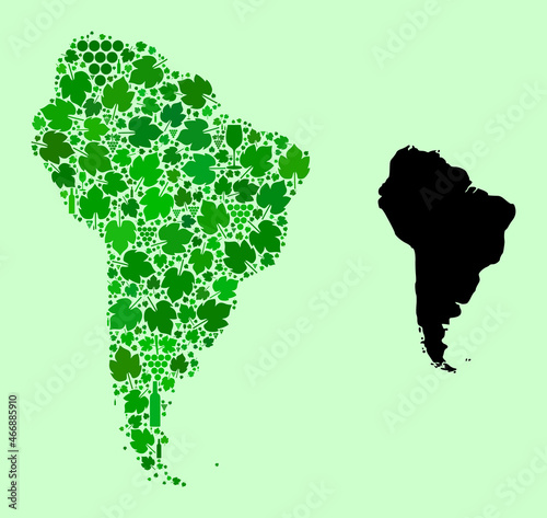 Vector Map of South America. Collage of green grape leaves, wine bottles. Map of South America mosaic designed from bottles, grapes, green leaves. Abstract mosaic is designed for advertising collages.