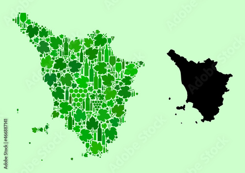 Vector Map of Tuscany Region. Mosaic of green grape leaves, wine bottles. Map of Tuscany region mosaic composed from bottles, grapes, green leaves. Abstract mosaic useful for political collages.