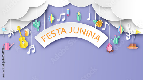 Festa Junina headline with guitar, cactus, beer, bonfire, lantern, flag, sunflower, corn, straw hat, bonfire, watering can and firework hanging on cloud. paper cut and craft style. vector, illustation