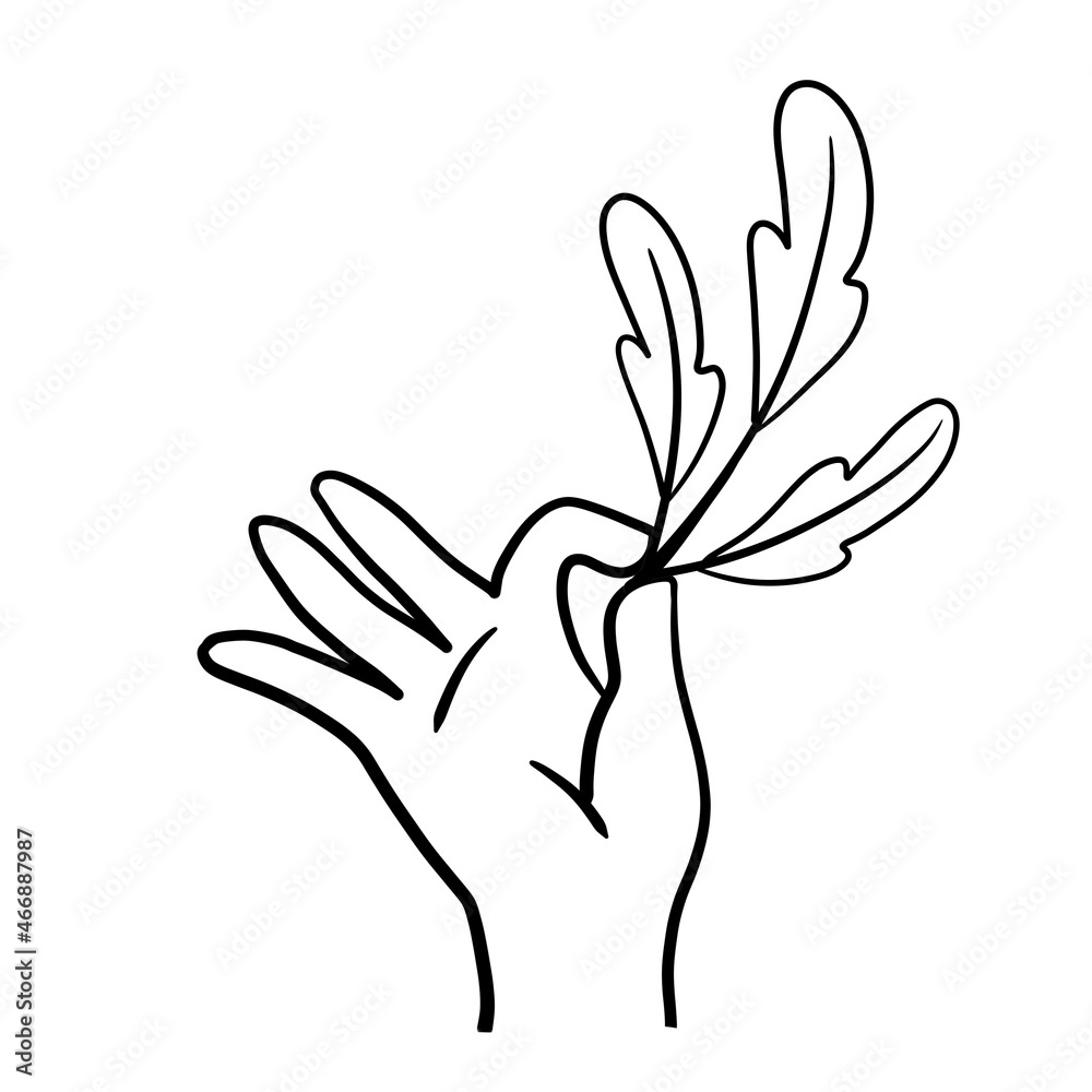 Hand with branch with leaves. Fresh Plant in palm. Concept of freshness and naturalness. Doodle sketch illustration