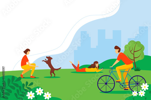 City park with people doing various activities. The concept of outdoor recreation. Summer illustration. © Uliana Rom