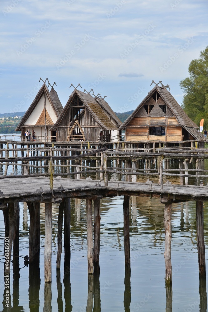 Replica of medieval Stilt houses at lake Constance in germany - Unteruhldingen - Bodensee Replica of medieval Stilt houses at lake Constance in germany - Unteruhldingen - Bodensee