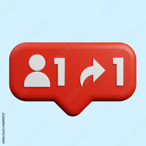 3d illustration of social media notification concept icon follow,share
