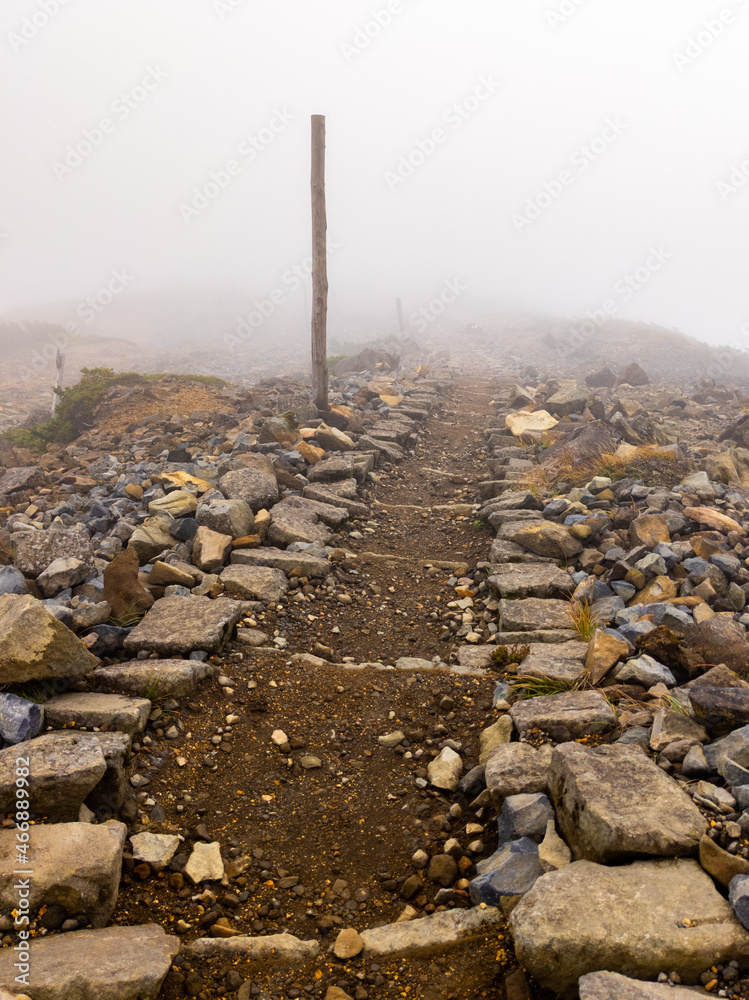 Mountain trail in a fog (Zao, Yamagata, Japan)