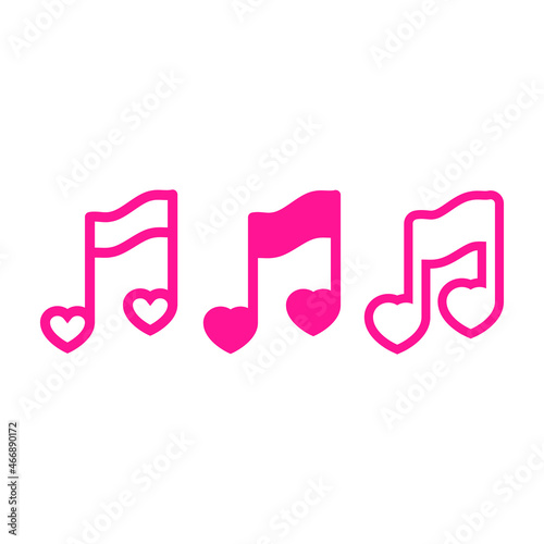 Nota musical con corazones en varios estilos gráficos. Música romántica. Canción de amor. Icono plano con relleno y líneas en color rosa