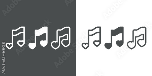 Nota musical con corazones en varios estilos gráficos. Música romántica. Canción de amor. Icono plano con relleno y líneas en fondo gris y fondo blanco