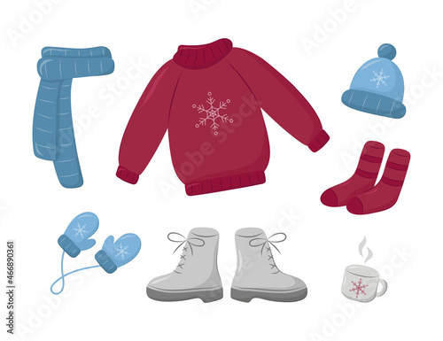winter clothing set: hat, scarf, mittens, sweater, boots