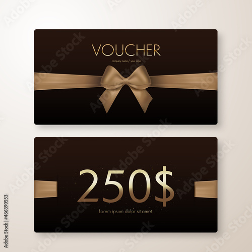Gift voucher with gold ribbon and bow. Discount luxury coupon. Vector illustration