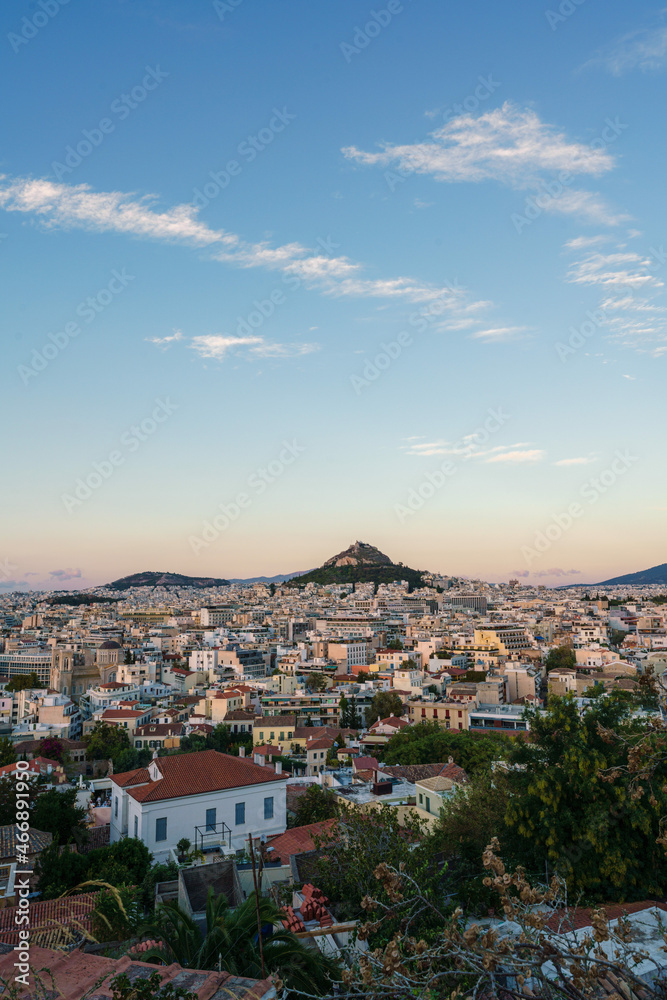Aerial view of the Athens city, the Ancient Agora and Lycabettus Hill