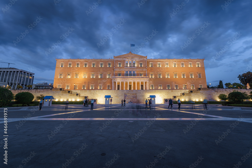 Syntagma Square and Hellenic Parliament at dusk, Athens, Greece