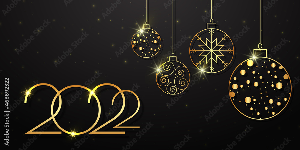 Golden Christmas balls and golden numbers 2022 with shimmering highlights on a dark gradient. Festive background design.