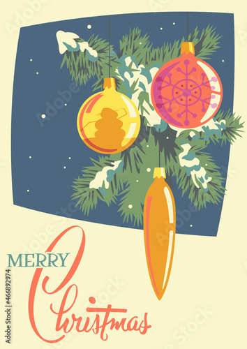 Merry Christmas 2022 Greeting Card, Mid Century Modern Postcards Style Illustration, Tree Decorations, Spruce Branch and Snow