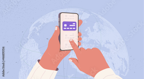International money translation, global payments, online mobile banking vector illustration. Hand holding the mobile phone and touch the screen on Earth globe blue background.