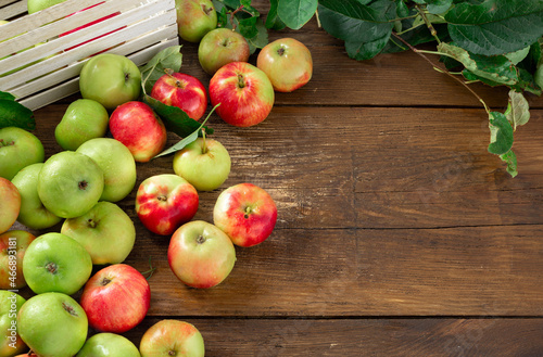 Freshly picked apples on wooden table
