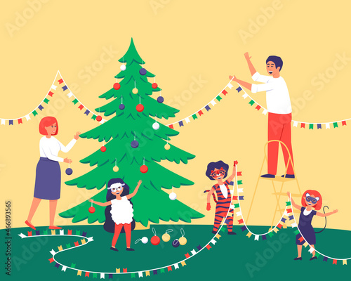 Happy family decorates the Christmas tree and the room for Christmas. Mom and daughter hang toys on the Christmas tree. Dad with children hangs flags on the wall. Flat vector illustration.