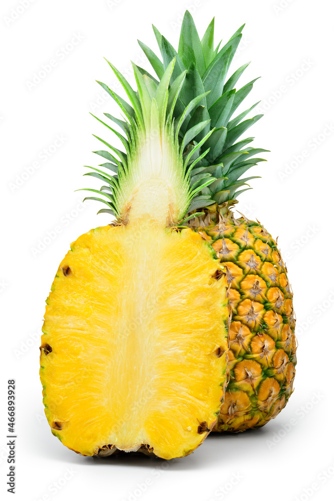 Pineapple with half and leaves isolated. Whole and cut pineapple on white background. With clipping path. Full depth of field. Pineapple with half and leaves isolated. Whole and cut pineapple on white background. With clipping path. Full depth of field.