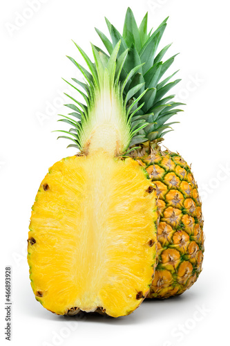 Pineapple with half and leaves isolated. Whole and cut pineapple on white background. With clipping path. Full depth of field.