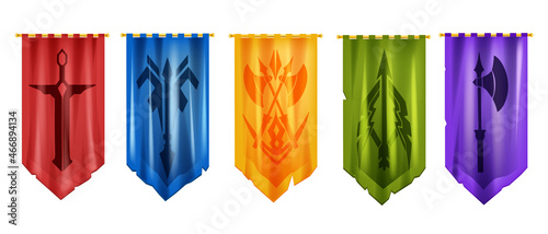 Medieval flag game vector icon set, knight old banner, battle royal pennant kit, axe, sword, arrow. UI victory badge, weapon silhouette, heraldic sign. War house standard, game flag armor logo design