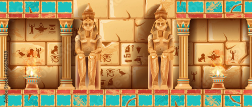 Egypt ancient temple room, vector pharaoh pyramid tomb interior, old stone column, statue. History civilization palace seamless game background, hieroglyphs, antique cracked rock wall. Egypt temple