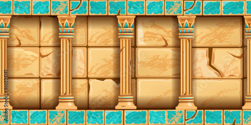 Egypt temple interior, ancient cracked stone wall, seamless rock tomb column background, pyramid hall. Game cartoon old colonnade, antique pillar, palace architecture illustration. Egypt temple frame