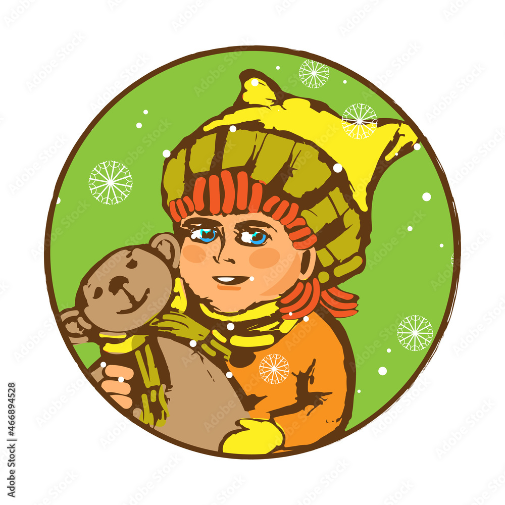Round portrait of a girl with a teddy bear under the snow in winter. Sketch. Icon, emblem, sign. Vector illustration Round portrait of a girl with a teddy bear under the snow in winter. Sketch. Icon, emblem, sign. Vector illustration