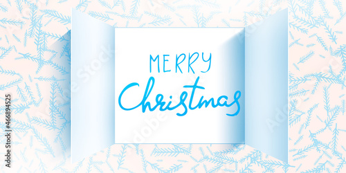 Christmas advent calendar door opening. Realistic an open wide doors on light blue background. Template to reveal a message. Merry Christmas poster concept. Festive vector illustration