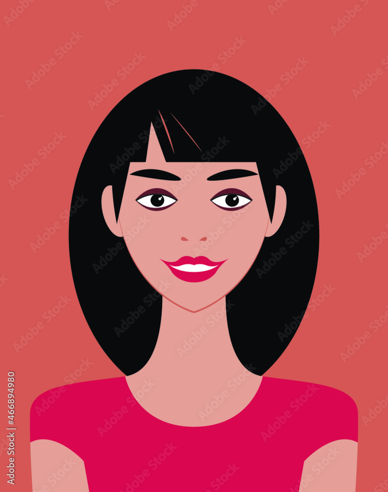 Vector close-up portrait of a pretty smiling young woman with lush black hair and beautiful makeup on her face in trendy colors. Concept avatar of a brunette Vector close-up portrait of a pretty smiling young woman with lush black hair and beautiful makeup on her face in trendy colors. Concept avatar of a brunette