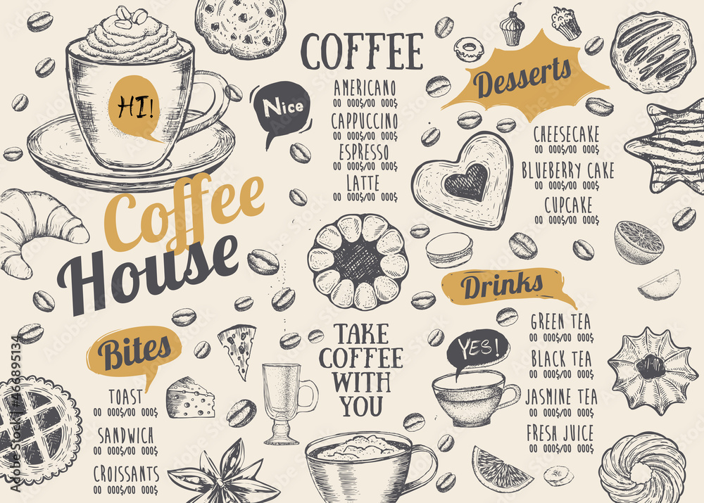 Coffee house menu. Restaurant cafe menu, template design. Food flyer. Coffee house menu. Restaurant cafe menu, template design. Food flyer.