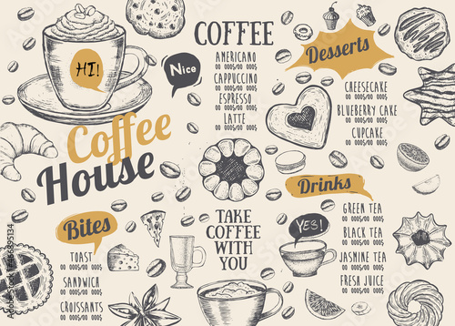 Coffee house menu. Restaurant cafe menu, template design. Food flyer.	