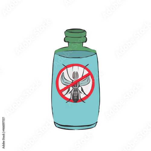 Insect repellent lotion with spray steam and anti mosquito sign isolated on white background. Vector cartoon illustration.