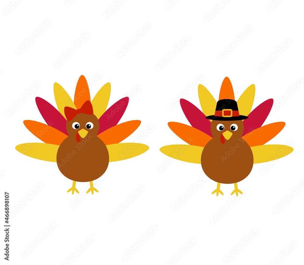 Vector illustration of thanksgiving turkey isolated on white background. Simple flat turkey for kids with bow and hat for kids Vector illustration of thanksgiving turkey isolated on white background. Simple flat turkey for kids with bow and hat for kids