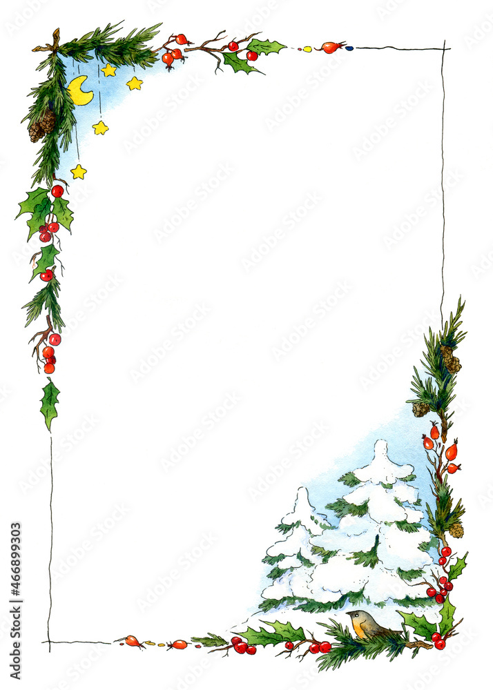 watercolor Christmas frame with snow-covered fir trees, pine and holly branches, red berries and Christmas decorations on a white background. watercolor Christmas frame with snow-covered fir trees, pine and holly branches, red berries and Christmas decorations on a white background.