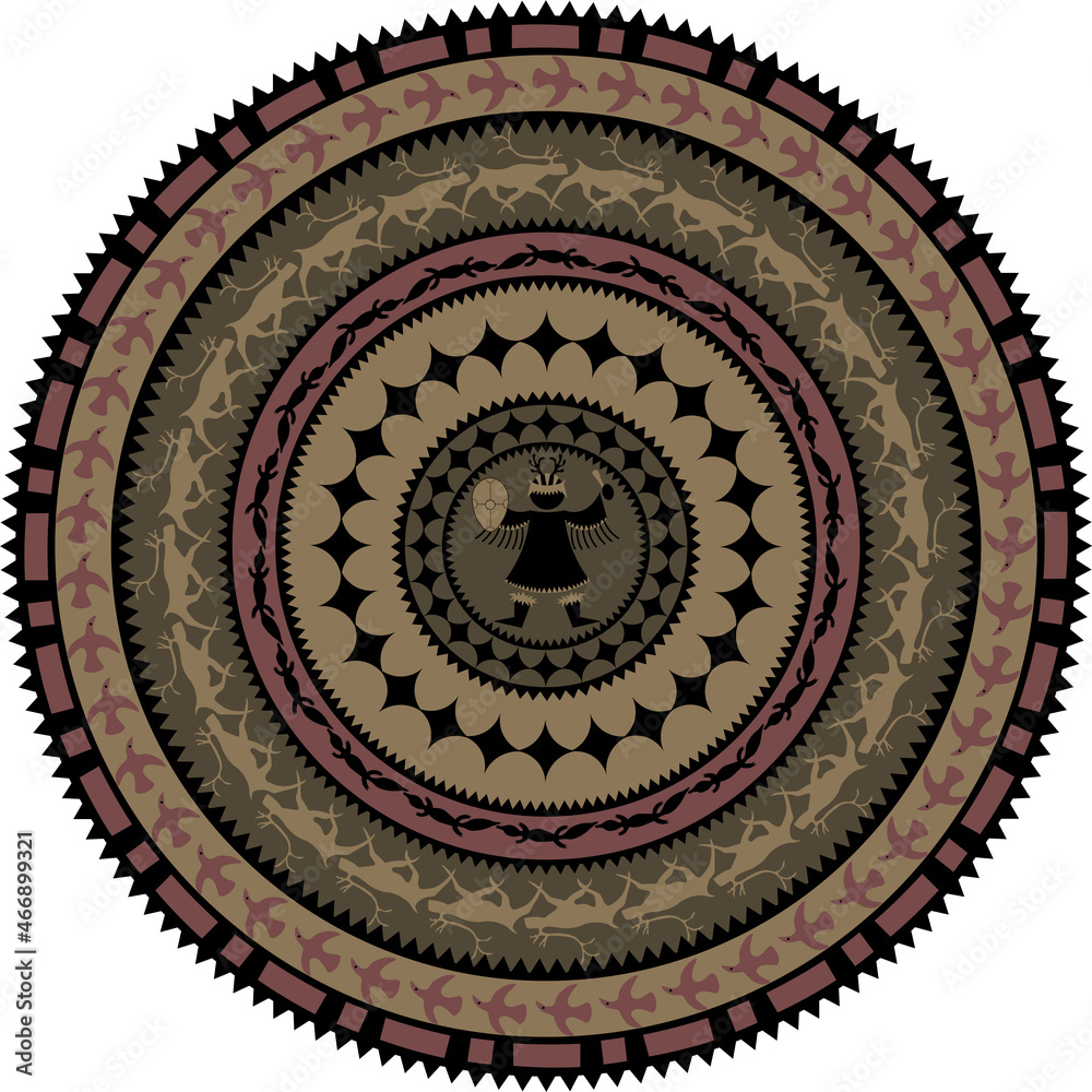 Vector colorful illustration of traditional stylized siberian ethnic circle mandala with ornaments and shaman in center, in shades of brown, Isolated on transparent background