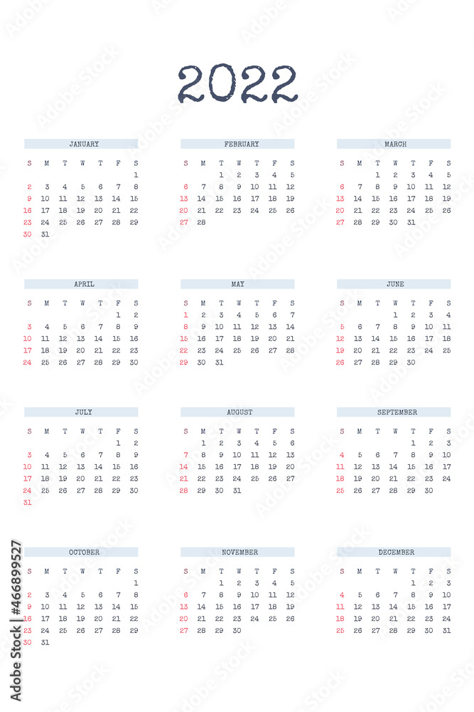 2022 calendar template in classic strict style with type written font. Monthly calendar individual schedule minimalism restrained design for business notebook. Week starts on sunday 2022 calendar template in classic strict style with type written font. Monthly calendar individual schedule minimalism restrained design for business notebook. Week starts on sunday