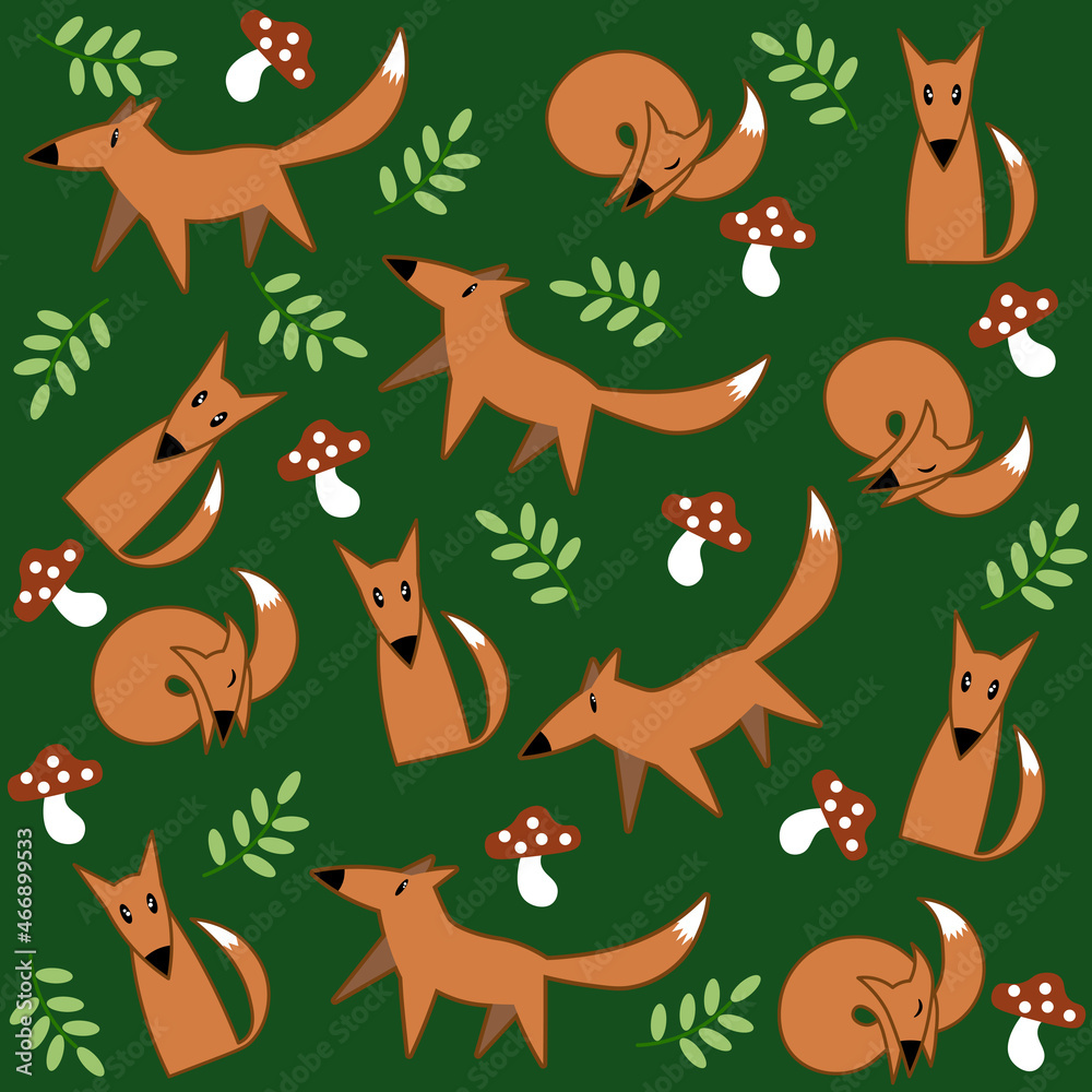 Naklejka premium vector square seamless pattern for textile, fabric and gift paper. colorful illustration of cute kawaii cartoon foxes with leaves and mushrooms at the green background