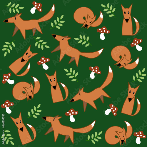 vector square seamless pattern for textile, fabric and gift paper. colorful illustration of cute kawaii cartoon foxes with leaves and mushrooms at the green background