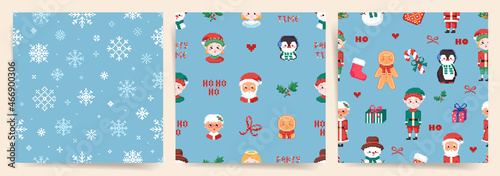 Wallpaper Mural Christmas pixel art seamless patterns set. Square repeat tile set with snowflakes, santa claus, penguin, mrs claus, gifts, elf, cookie, other winter stuff. Vector 8 bit backgrounds prints collection 
 Torontodigital.ca