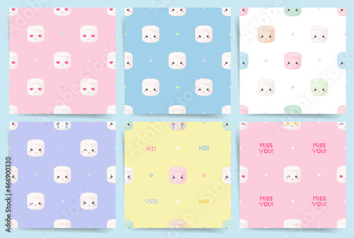 Pixel art cute marshmallows emoji seamless pattern. Square repeat tile set with kawaii gamer marshmallows emoticons. Vector tileable 8 bit backgrounds. Sweet girl patterns for fabric, textile, decor. 