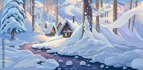 Winter fairy tale landscape, with houses and a river, in a winter snowy forest.