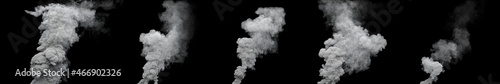 5 grey contamination smoke columns from forest fire on black, isolated - industrial 3D rendering