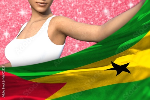 sexy woman holds Sao Tome and Principe flag in front on the red shining sparks background - flag concept 3d illustration