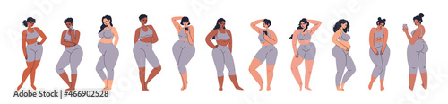 Curvy women in a gray skin-tight suit. Set of young chubby women. Overweight and pregnant adult girls. Vector stock illustration of beautiful plus size people on a white background.