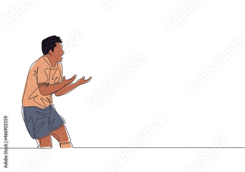 One single line drawing of young furious football player protesting and arguing referee decision for giving him a card. Soccer match sports concept. Continuous line draw design vector illustration